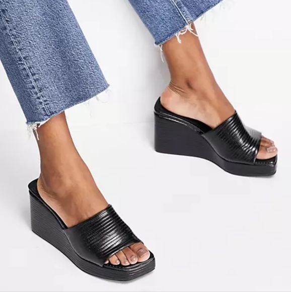 Asos Design Y2K Style Topaz Square Toe Wedge Black Mules Size 7 - Picture 1 of 13